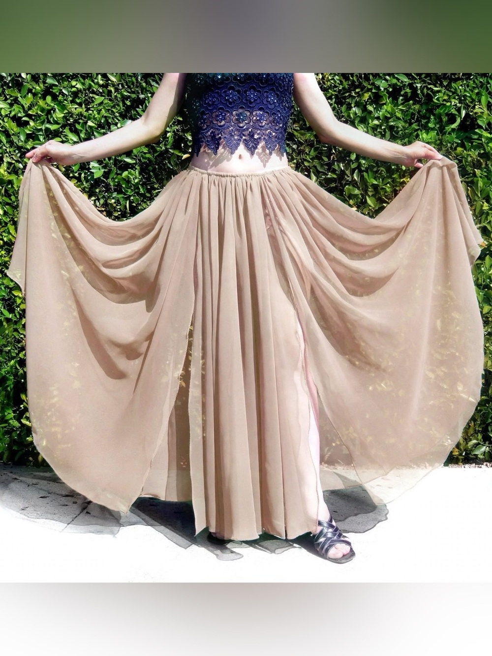 Beige Chiffon Skirt with 2 slits. Ameynra design. New